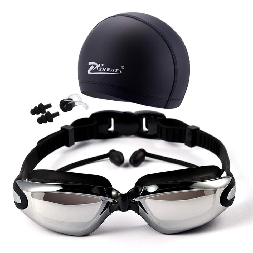 Gafas de natación 5 en 1 + Gorro de natación + Clip de nariz + Tapones para los oídos + Estuche, Resistente al agua, Sin fugas, Antiniebla, Protección UV, Estuche de protección gratuito, Ajuste cómodo para adultos Hombres Mujeres Jóvenes Niños Niño