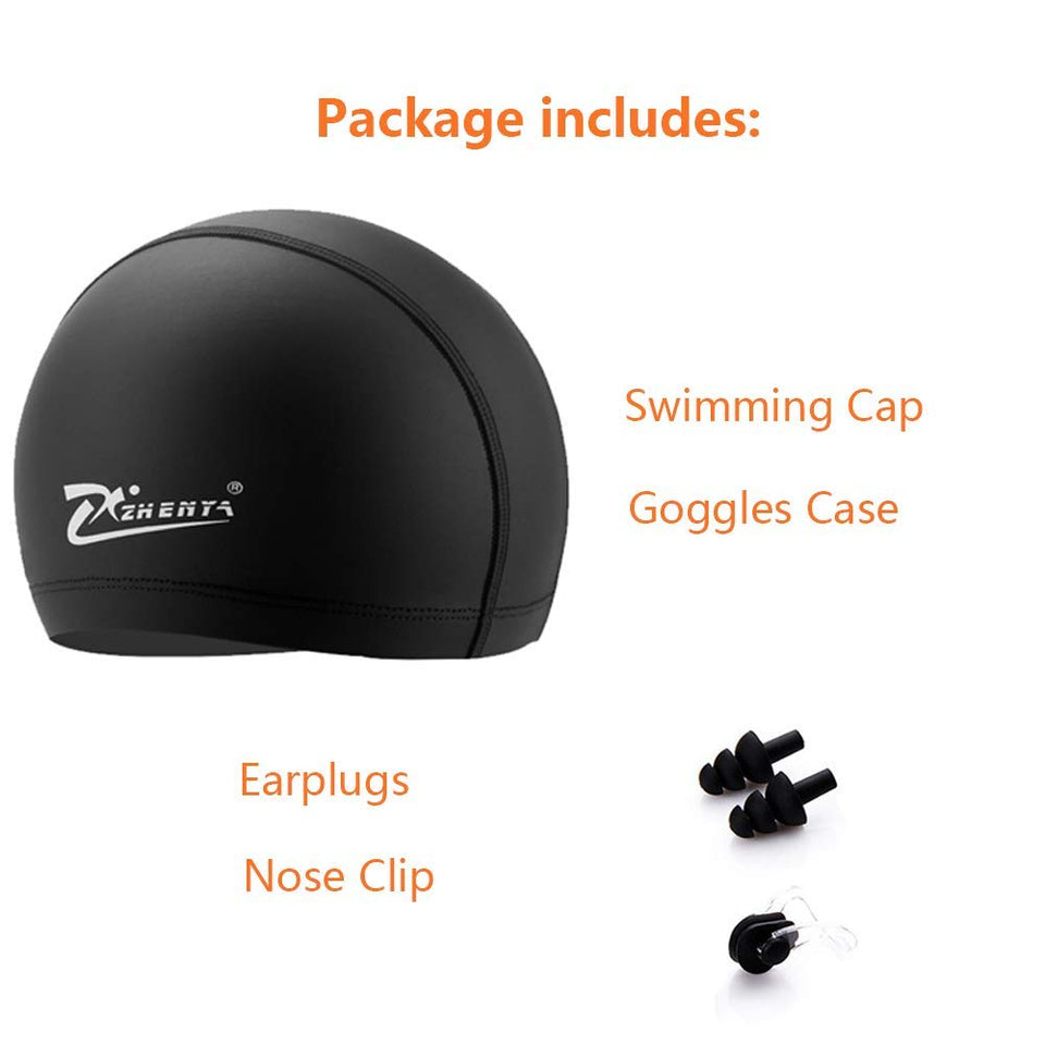Gafas de natación 5 en 1 + Gorro de natación + Clip de nariz + Tapones para los oídos + Estuche, Resistente al agua, Sin fugas, Antiniebla, Protección UV, Estuche de protección gratuito, Ajuste cómodo para adultos Hombres Mujeres Jóvenes Niños Niño