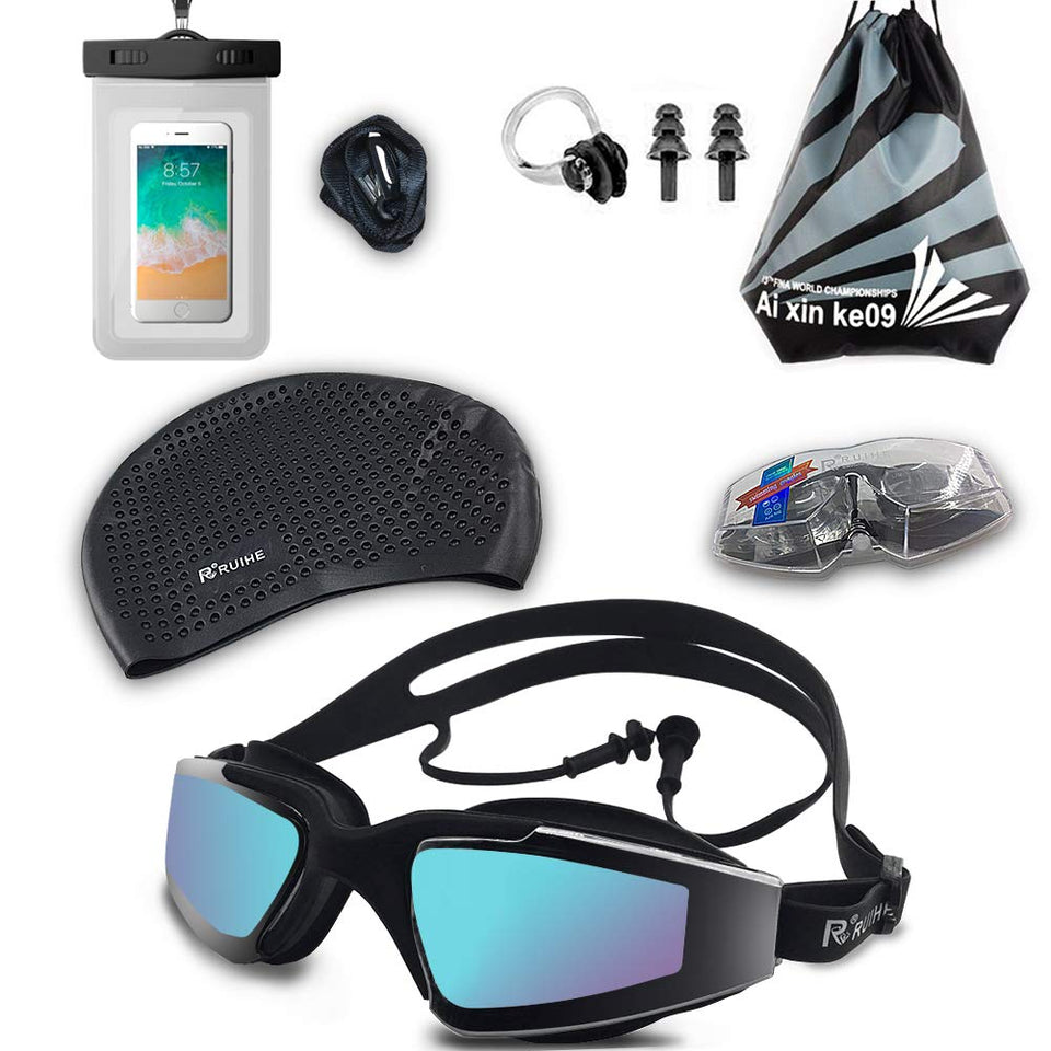 AVEDISTANTE Equipos para Natación 6PCS, Incluye Anteojos de Natación con Tapones,Casco,Gorro de natación,Tapones para oidos y Nariz,Bolsa Impermeable para Celurares y Mochila