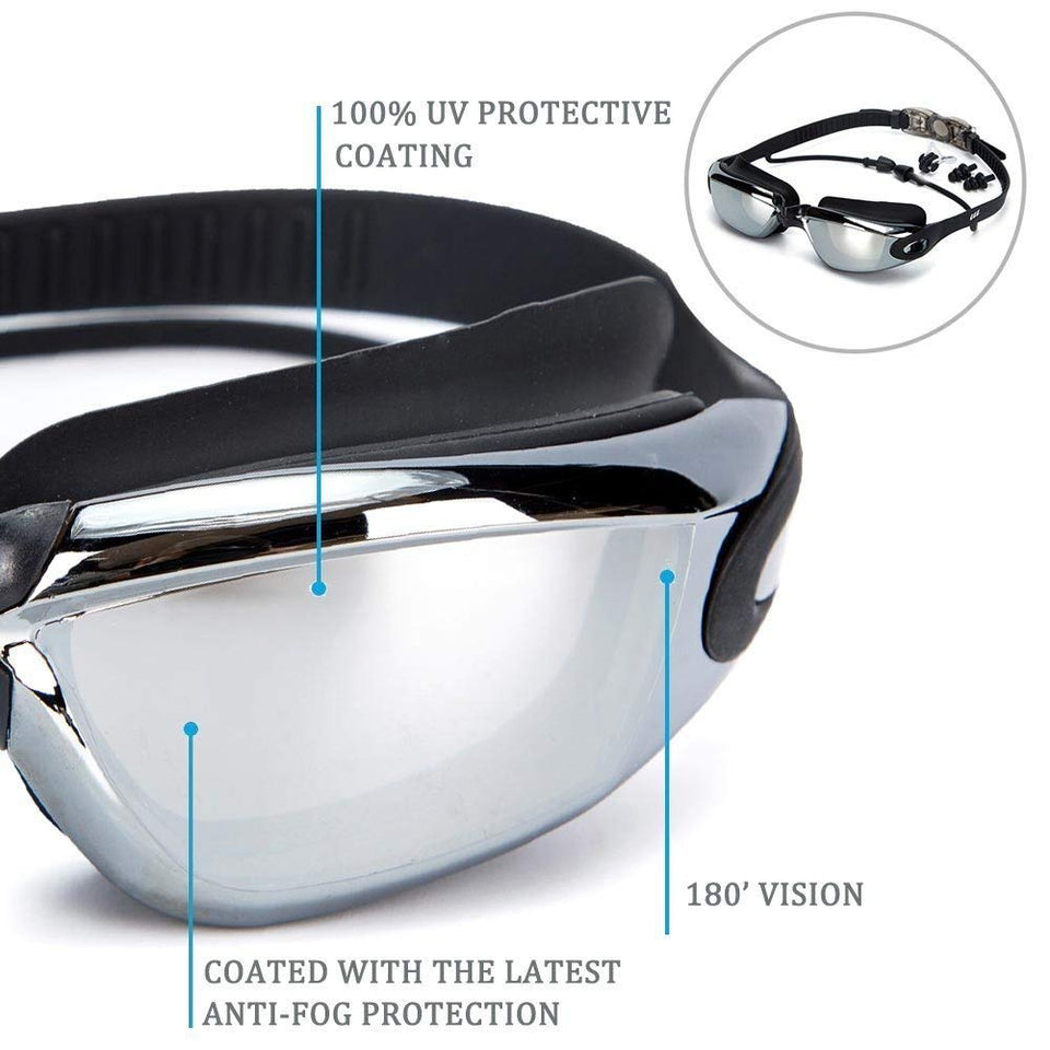 Gafas de natación 5 en 1 + Gorro de natación + Clip de nariz + Tapones para los oídos + Estuche, Resistente al agua, Sin fugas, Antiniebla, Protección UV, Estuche de protección gratuito, Ajuste cómodo para adultos Hombres Mujeres Jóvenes Niños Niño