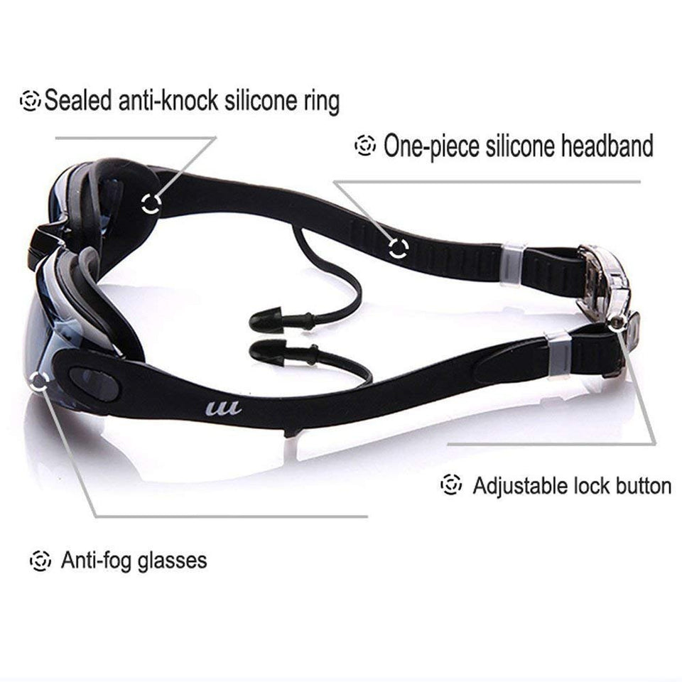 Gafas de natación 5 en 1 + Gorro de natación + Clip de nariz + Tapones para los oídos + Estuche, Resistente al agua, Sin fugas, Antiniebla, Protección UV, Estuche de protección gratuito, Ajuste cómodo para adultos Hombres Mujeres Jóvenes Niños Niño
