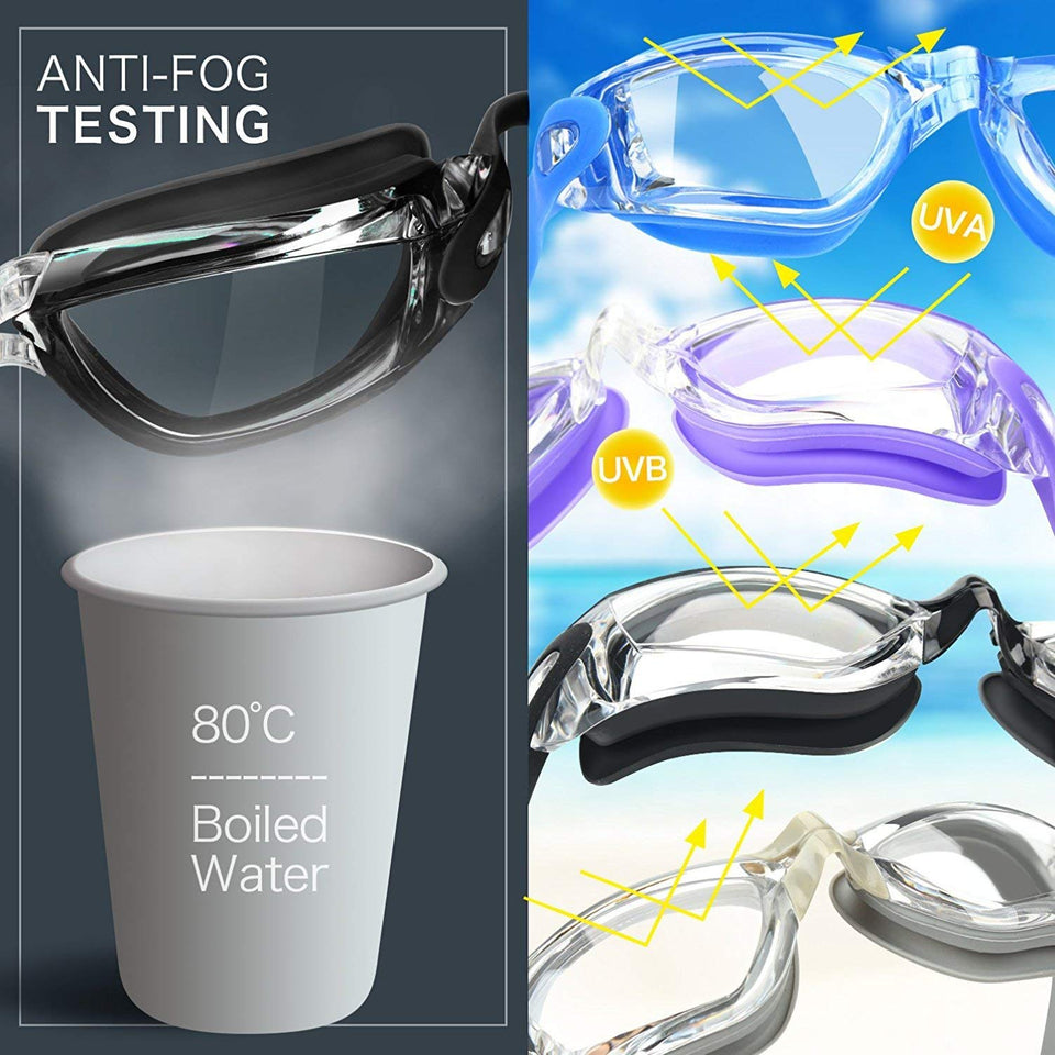 Gafas de natación 5 en 1 + Gorro de natación + Clip de nariz + Tapones para los oídos + Estuche, Resistente al agua, Sin fugas, Antiniebla, Protección UV, Estuche de protección gratuito, Ajuste cómodo para adultos Hombres Mujeres Jóvenes Niños Niño