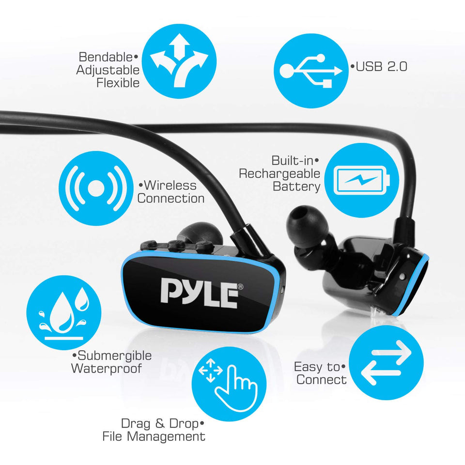 Pyle Reproductor Mp3 para natación, 4 GB memoria, almacena hasta 1000 canciones, mejor tecnología, controles de botón Simple Touch, baterías recargables Flex streme (PSWP6BK)